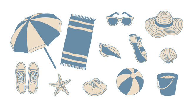 Summer Beach Accessories Set - Vintage Style Illustration