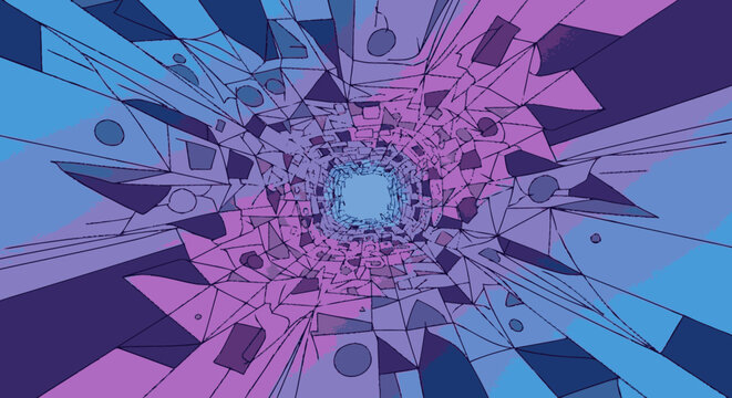Flat vector abstract illustration of a dynamic geometric warp with sha