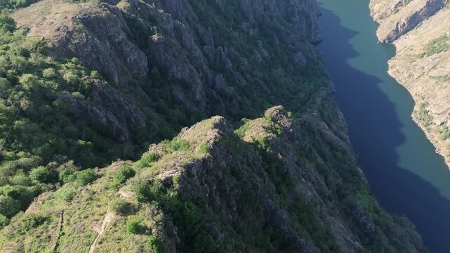 The Miradoiro de Vilouxe (Vilouxe Viewpoint) In The Ribeira Sacra Region of Galicia, Spain. Aerial Shot