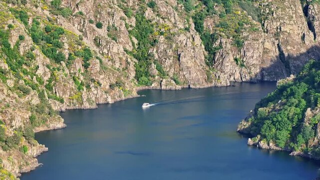 Boat Tours Along The Scenic Sil River Canyon Near Embarcadero de Santo Estevo In Galicia, Spain. Aerial Shot