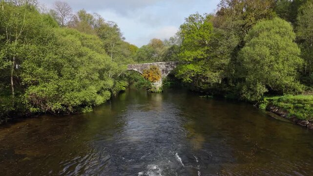 Ponte Medieval de San Alberte, A Historic Bridge In Guitiriz, Galicia, Spain. Aerial Shot