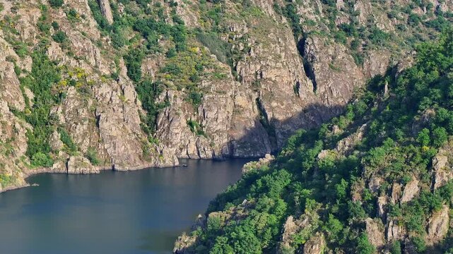Steep Canyon At Santo Estevo Reservoir On The Sil River In Ribeira Sacra Region In Galicia, Spain. Aerial Shot