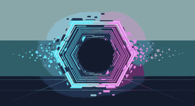 Flat vector abstract illustration of a glowing blue hexagonal portal b