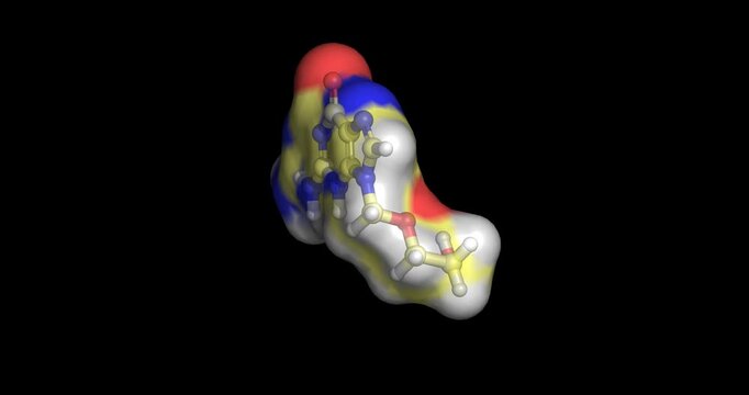 Acyclovir, antiviral agent drug molecule for herpes simplex virus treatment, 3D molecule spinning, 4K