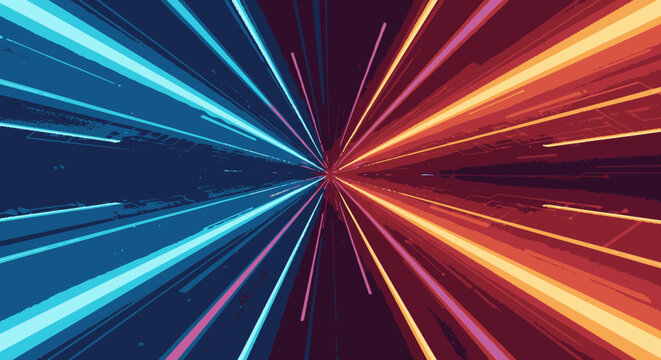 Flat vector abstract illustration of glowing blue and magenta speed li