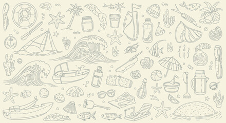 Fototapeta premium Summer Vacation Beach Elements Doodle Set: Sea, Sun, and Fun