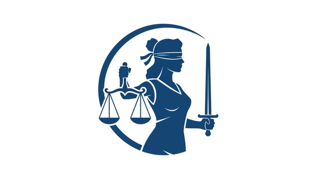 Iconic Lady Justice silhouette with sword and scales of justice symbol.