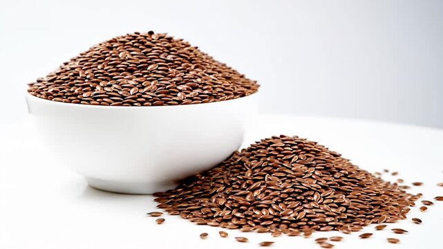 Pile of brown flax seeds with white bowl.