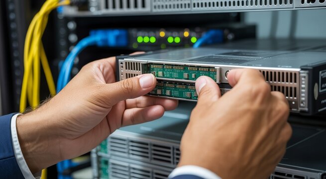 Close Up of IT Technician Installing Network Cable in Server Rack During Data Center Maintenance