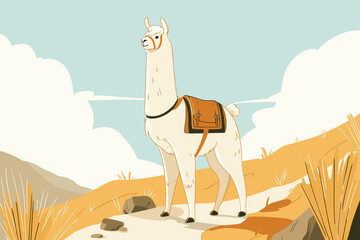 Naklejka premium Alpaca with Leather Pack on Mountain Trekking Trail