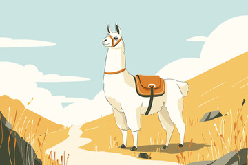 Naklejka premium Alpaca with Leather Pack on Mountain Trekking Trail