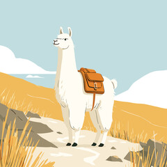 Naklejka premium Alpaca with Leather Pack on Mountain Trekking Trail