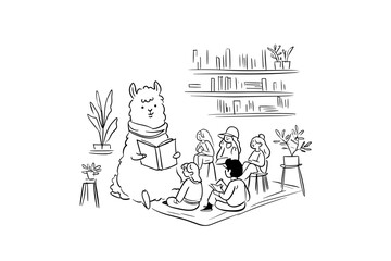 Obraz premium Calm Llama Reading a Book to Children in a Sunlit Library