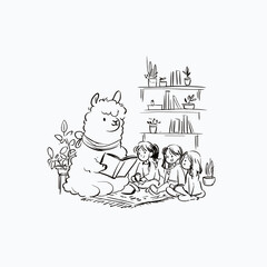 Obraz premium Calm Llama Reading a Book to Children in a Sunlit Library