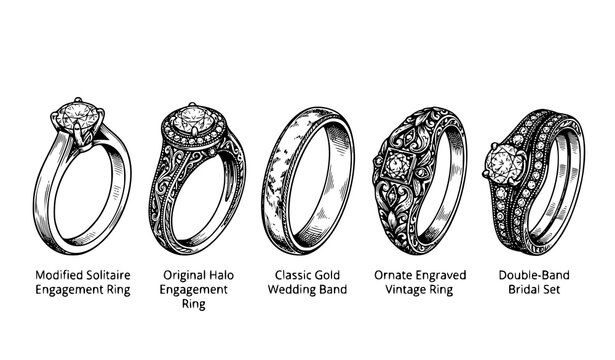 Vintage Wedding Rings Hand Drawn Vector Set with Engagement and Bridal Jewelry Engraved Illustration