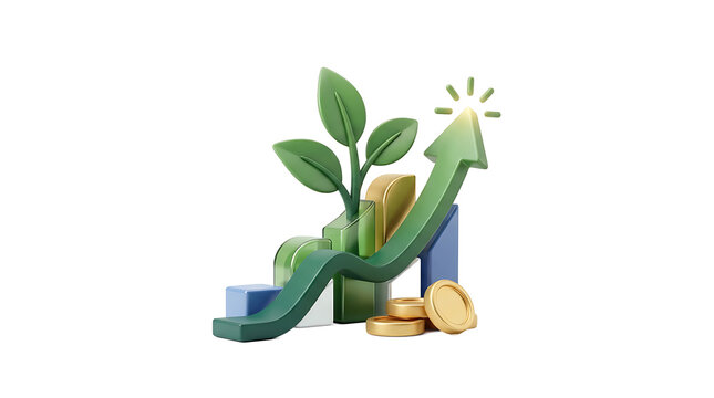 Green arrow graph showing financial growth with plant and coins, business concept