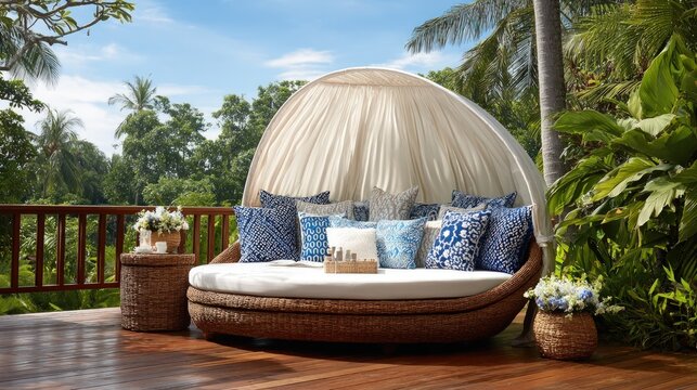 Outdoor daybed relaxation tropical garden