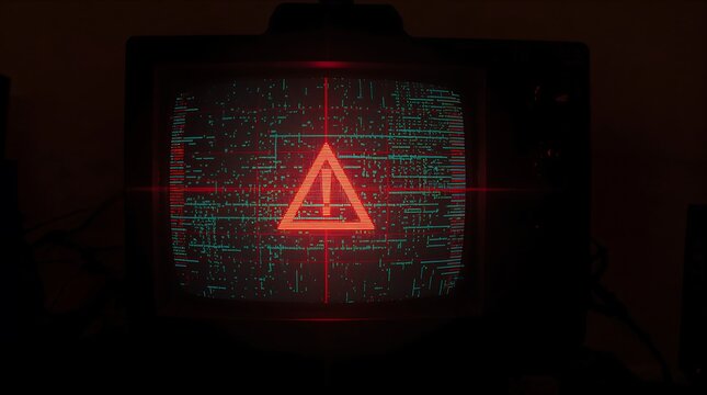 Hantavirus alert on old crt tv screen with scanlines texture and red warning triangle