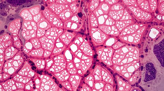 Stained human lung tissue sample under microscope cellular structure visible