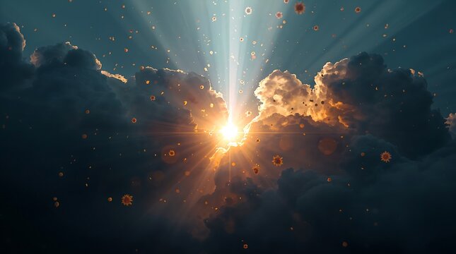 Hopeful concept of bright light beam breaking through dark clouds with virus particles