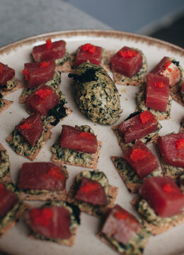 canap&eacute;s on a plate with tuna