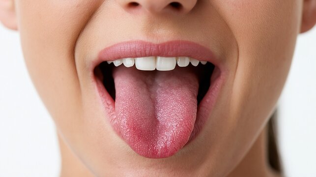 Closeup of an open mouth showcasing a visibly irritated tongue with detailed glossitis smooth skin texture softly lit in symmetrical framing on a bright white background