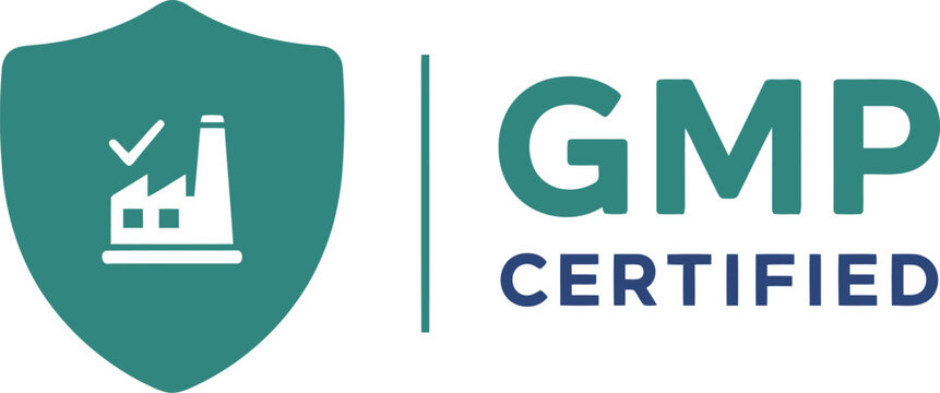 GMP Certified Badge with Factory Icon and Check Mark on Shield