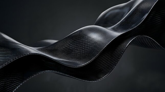 Close-up of sleek carbon fiber material displaying reflective black waves and dynamic curved patterns in low light.