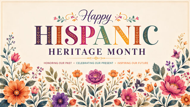 Hispanic Heritage Month celebration floral border with festive text and vibrant flowers