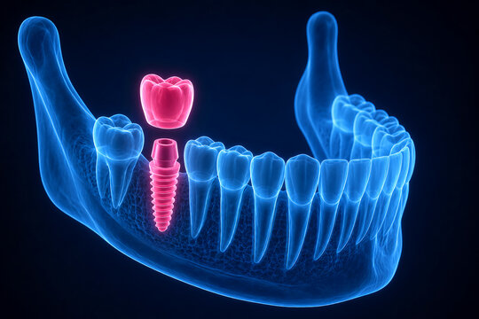 An X-ray-style 3D medical illustration of a blue, translucent human mandible (lower jawbone) with teeth, highlighting a single dental implant and detached crown glowing in bright pink.