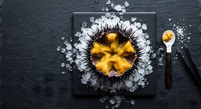 Fresh opened sea urchin uni on dark slate with ice