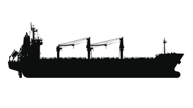 Freighter ship silhouette features detailed deck cranes and a long hull profile in deep black ink, set against a pristine white background to symbolize international trade and industrial logistics.