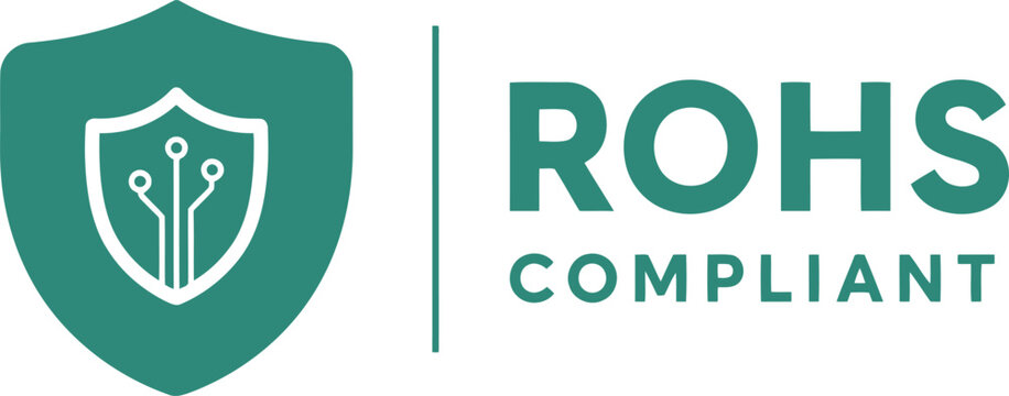 RoHS Compliant Badge with Shield and Circuit Icon on White Background