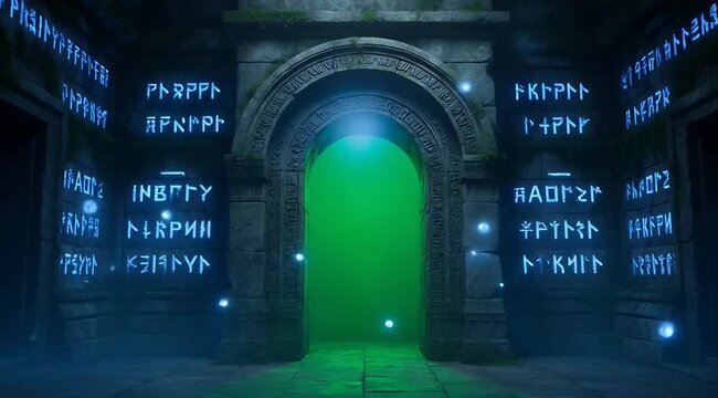 Ancient Stone Archway With Glowing Blue Runes And Green Portal In Mysterious Dungeon Lit By Ethereal Light And Floating Dust Particles