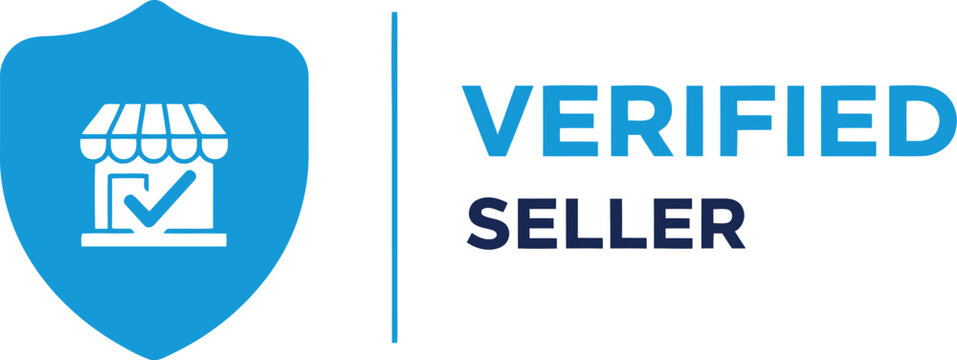Verified Seller Badge with Shield Icon and Check Mark on White Background