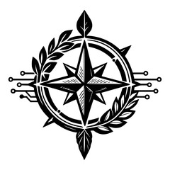 Obraz premium Compass Rose and Circuitry Emblem: A stylized compass rose, a symbol of direction and exploration, is integrated with digital circuitry and laurel branches, representing innovation and achievement.