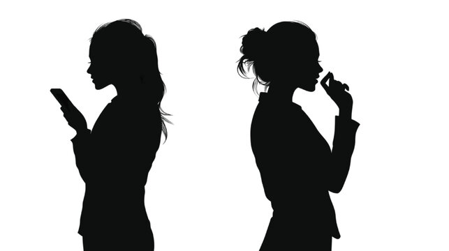 Businesswomen silhouettes stand back to back while using their smartphones to symbolize the dual nature of modern professional communication and the constant connectivity required in today's digital.