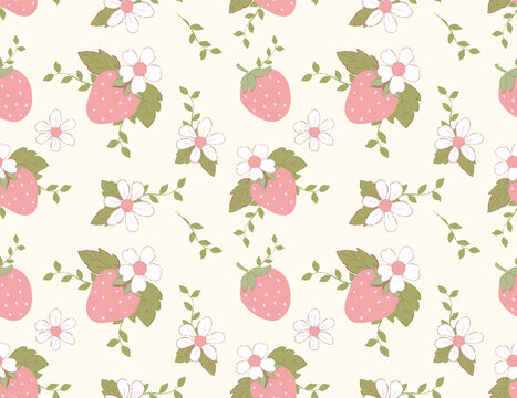 Cute illustration hand drawn strawberry with flower on baige background.