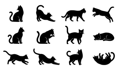 Cat Silhouette Poses Vector Set with Different Cute and Playful Positions © Keyapayal