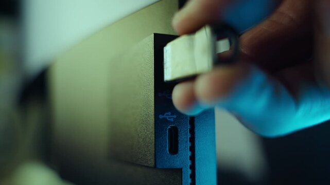Close up on hand plugging usb drive into computer at night in office or house. Suspicious cyber activity. Digital crime. Spy or hacker stealing private data or hacking into system. Security breach