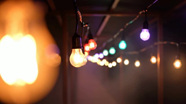 Colorful hanging light bulbs creating warm bokeh party background