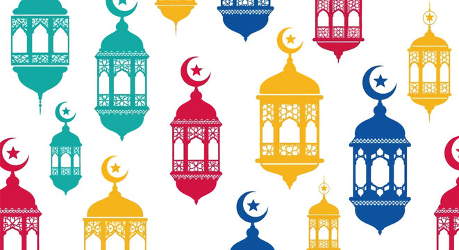 Colorful Ramadan Lanterns Seamless Pattern Design.