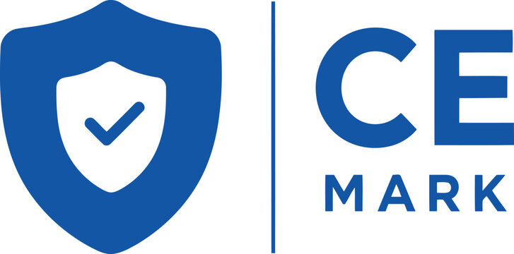 Blue CE Mark Certification Badge with Shield and Check Mark Icon