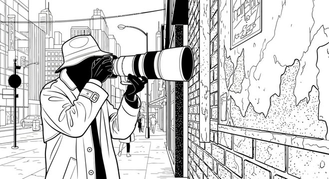Detective with camera on city street, observing a wall, cartoon style