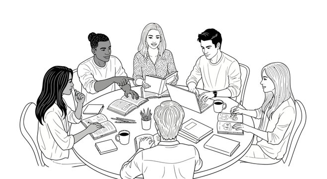 Diverse group of people collaborating around a round table, studying and working together.