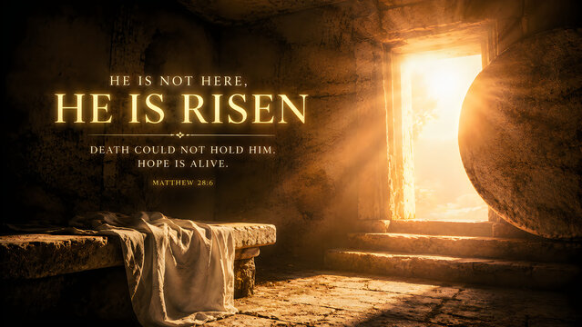 Empty stone tomb with glowing light and resurrection message in ancient cave setting