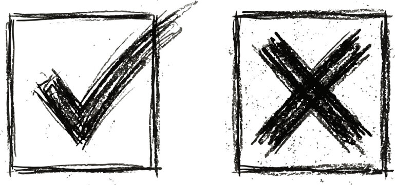 Hand drawn black chalk checkmark and cross symbols inside square boxes isolated on white background for yes or no choices