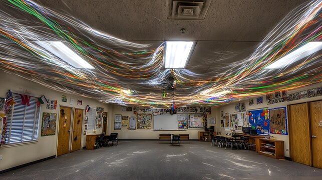 atmosphere where ideas flow as colorful light trails around students