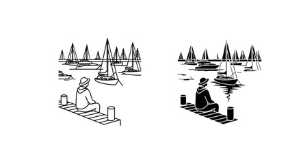 Fototapeta premium Nautical Scene Vector Art: Boats on Water, Person on Dock, Coastal Lifestyle, Maritime Illustration