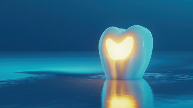 Glowing tooth with inner light, dental care concept.